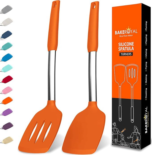 BakeRoyal Silicone Spatula Set - Turner Spatulas Silicone Heat Resistant 600°F - Slotted & Solid Silicone Spatulas for Cooking Fish, Eggs, Pancakes Flipper – Silicone Cooking Utensils Set – Orange by BAKEROYAL