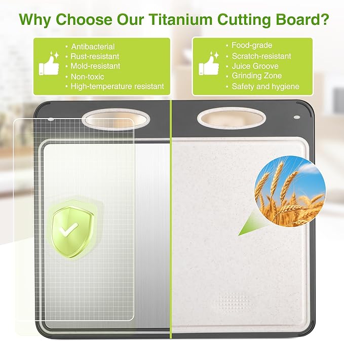 Titanium Cutting Boards for Kitchen - Katuchef Non Toxic Double Sided Metal for Meat/Fish & Wheat Straw PP for Fruits/Vegetables, Dishwasher Safe, Hygienic, Pure Titanium Easy Clean Chopping Board