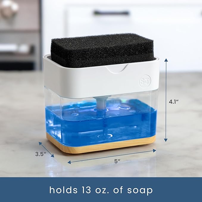 S&T INC. Dish Soap Dispenser and Sponge Holder for Kitchen Sink, Waterproof Labels and Sponge Included, 13 Ounces, Plastic, White and Bamboo - Image 5