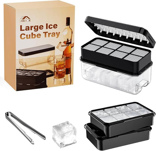 PHINOX Large Ice Cube Tray with Lid and Bin, Ice Trays for Freezer, 2 INCH Whiskey Ice Cubes Mold, 2*8 pcs Square Ice Cube Mold with Tong, Easy to Release, Large Ice Tray for Whiskey Cocktail Bourbon by PHINOX