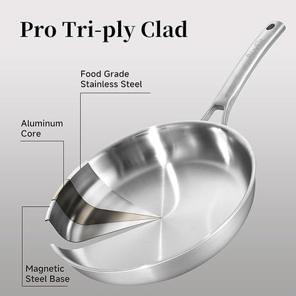Chef's Frying Pan 12 Inch Set of 2, Tri-Ply Clad Stainless Steel Skillet, Induction Compatible Sauté Pan with Even Heat, Oven & Dishwasher Safe, Professional Restaurant Grade Cookware
