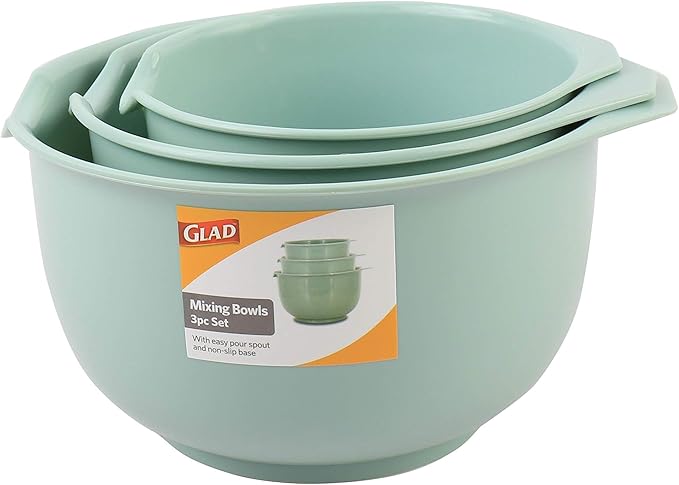 Glad Mixing Bowls with Pour Spout, Set of 3 | Nesting Design Saves Space | Non-Slip, BPA Free, Dishwasher Safe Plastic | Kitchen Cooking and Baking Supplies, Sage Green - Image 4