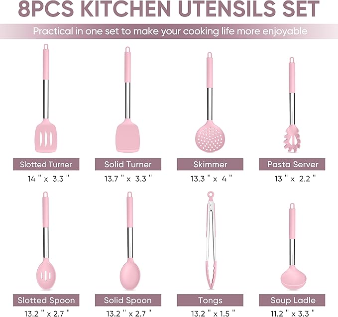 TeamFar Kitchen Utensils Set of 8, Silicone Utensils Kitchen Tools Set with Stainless Steel Handle, for Frying Serving Flipping Draining, Non-toxic & Heatproof, Nonstick & Dishwasher Safe - Pink - Image 2