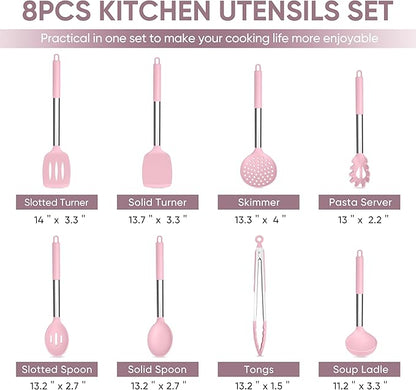 TeamFar Kitchen Utensils Set of 8, Silicone Utensils Kitchen Tools Set with Stainless Steel Handle, for Frying Serving Flipping Draining, Non-toxic & Heatproof, Nonstick & Dishwasher Safe - Pink - Image 2