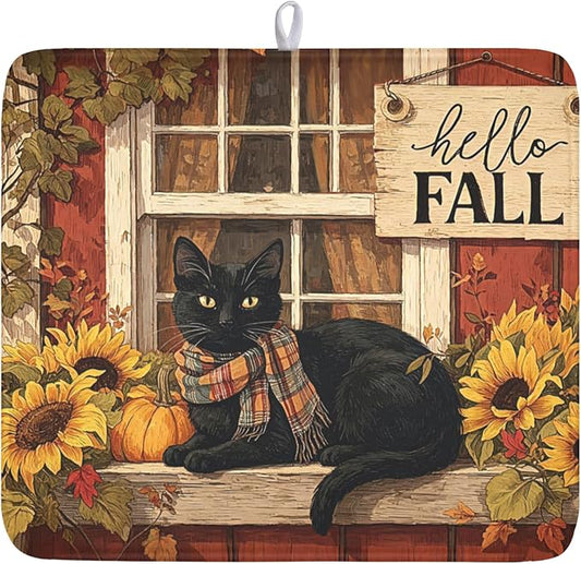 Fall Dish Drying Mat for Kitchen Counter Vintage Autumn Cat Sunflower Pumpkin Microfiber Dish Drainer Mat Rustic Farmhouse Absorbent Washable Drying Pad Extra Large 16"x18"