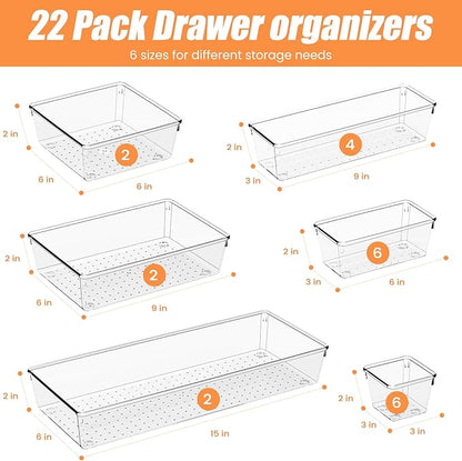 Criusia 22 Pcs Drawer Organizer Bins, Acrylic Non Slip Kitchen Drawer Organizers Storage Tray Divider, Multifunctional Storage for Cosmetics, Bathroom, Tools, Kitchen and Office - Image 2