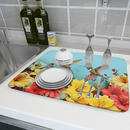 Kawani Spring Summer Hummingbirds Floral Dish Drying Mat for Kitchen Counter 16x18 In Spring Hibiscus Tropical Drying Mat Fast Dry Absorbent Microfiber Dish Drainer Rack Pad for Countertop Decor