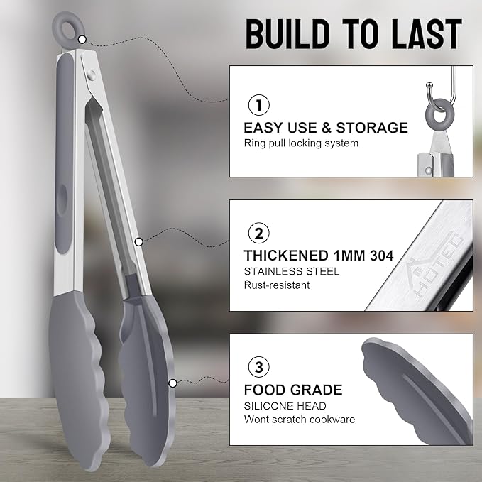 HOTEC Premium Stainless Steel Locking Kitchen Tongs with Silicon Tips, Set of 3-7", 9" and 12", Black, Grey, White - Image 3