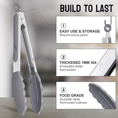HOTEC Premium Stainless Steel Locking Kitchen Tongs with Silicon Tips, Set of 3-7", 9" and 12", Black, Grey, White - Image 3