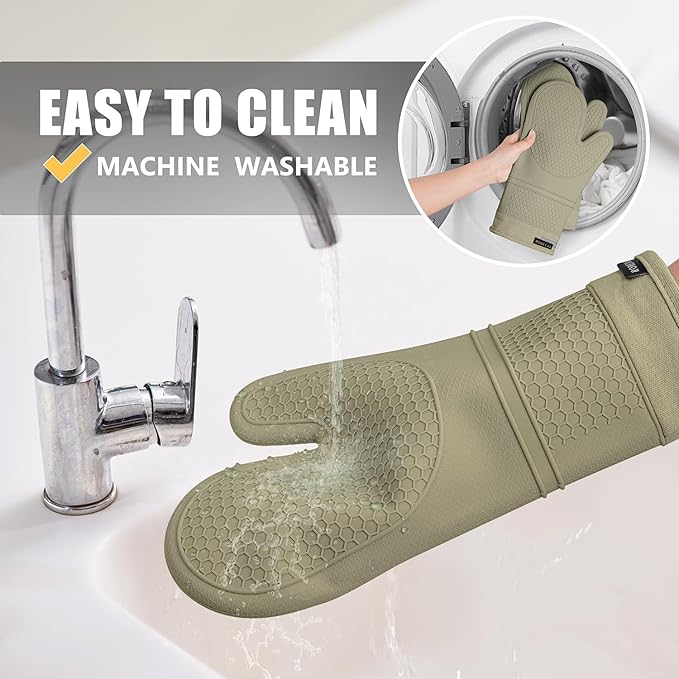 Rorecay 6pcs Oven Mitts and Pot Holders Sets Heat Resistant 500 Degrees, Extra Long Silicone Oven Gloves Non-Slip Potholders Hot Pads for Kitchen Baking Cooking, Quilted Liner, Martini Olive - Image 6