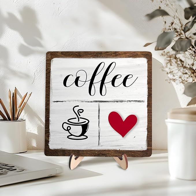 Vintage Coffee Bar Decor Sign,Rustic Wooden Plaque for Java Station, Kitchen,Cafe or Tea Corner, Funny Jave Gift for Coffee Lovers,Cute Heart Design Cafe Decor 5.9x5.9inch - Image 3