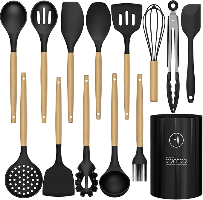 Silicone Cooking Utensils Set Utensil Sets - 446°F Heat Resistant Silicone Kitchen Utensils Set Wooden Handles, Silicone Utensils for Cooking w Holder for Non-Stick Cookware BPA FREE (Black) - Image 9