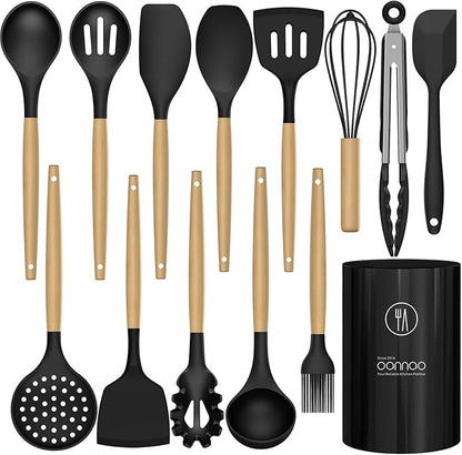Silicone Cooking Utensils Set Utensil Sets - 446°F Heat Resistant Silicone Kitchen Utensils Set Wooden Handles, Silicone Utensils for Cooking w Holder for Non-Stick Cookware BPA FREE (Black) - Image 9