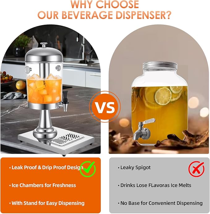 2.11 Gallon Beverage Dispenser,Silver Stainless Steel Juice Drink Dispensers with Ice Core, Leak-proof Spigot and Detachable Drip Tray for Parties, Weddings & Outdoor (silver, 2.11 Gallon)