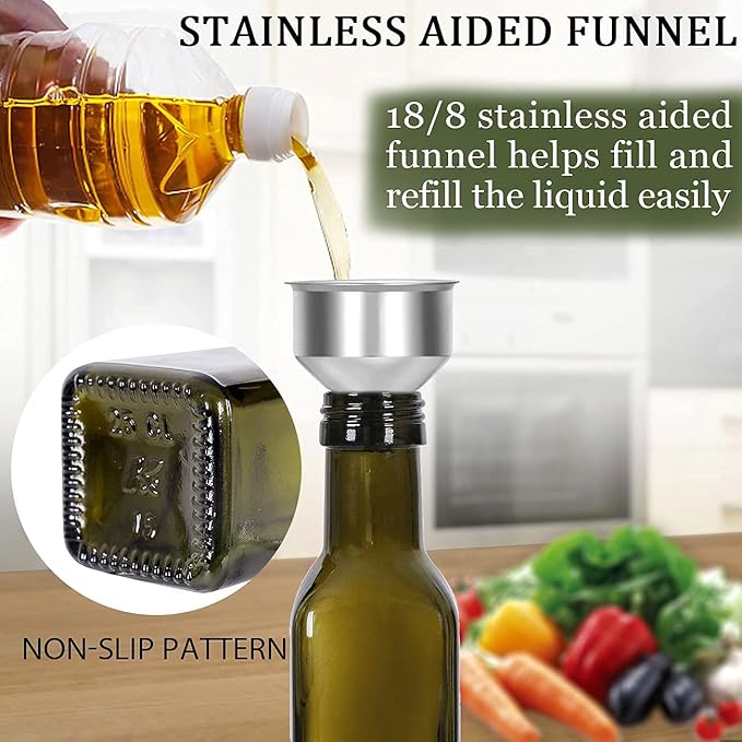 Glass Olive Oil Bottle - 250ml Second Generation Brown Oil & Vinegar Cruet with Pourers and Funnel - Olive Oil Carafe Decanter for Kitchen - (8.5 Oz Ounce) - Image 3