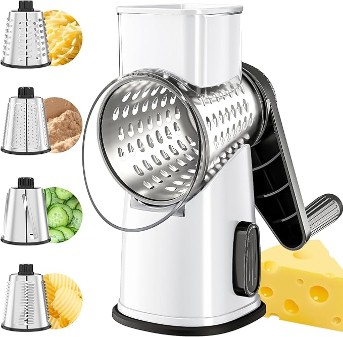 VEKAYA Rotary Cheese Grater Hand Crank with 4 Interchangeable Stainless Steel Blades, Large Manual Handle Shredder and Waffle Slicer for Vegetables, Cheese and Nuts with Table Suction Base(White)