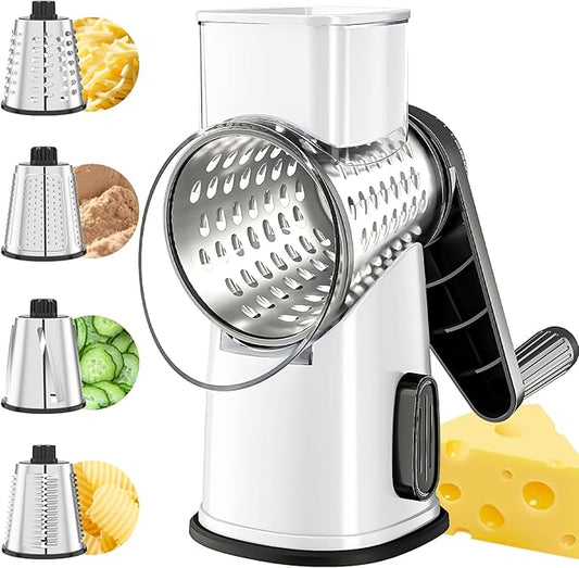 VEKAYA Rotary Cheese Grater Hand Crank with 4 Interchangeable Stainless Steel Blades, Large Manual Handle Shredder and Waffle Slicer for Vegetables, Cheese and Nuts with Table Suction Base(White)