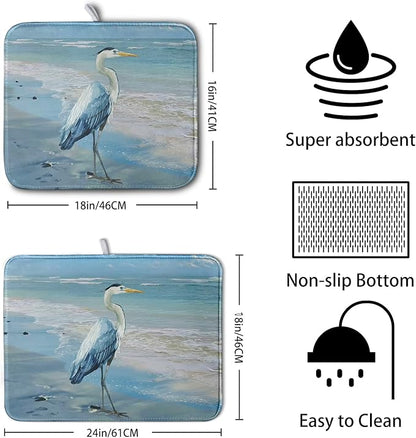 Summer Blue Dish Drying Mat for Kitchen Counter 16x18 Inch Heron Coastal Beach Drying Mats Nautical Ocean Bird Dishes Drainer Mats Microfiber Absorbent Dish Rack Pad - Image 2