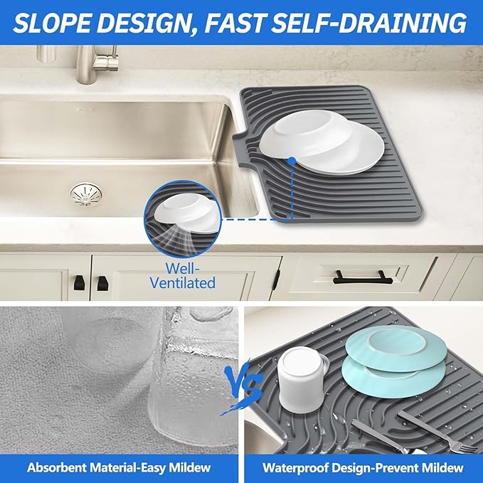 Dish Drying Mat for Kitchen Counter, with Built-in Drain Lip, Food-Grade Silicone, Easy Clean Pad for Countertop Protection, Multi-Functional Use (14.7x10.2, Grey) - Image 4