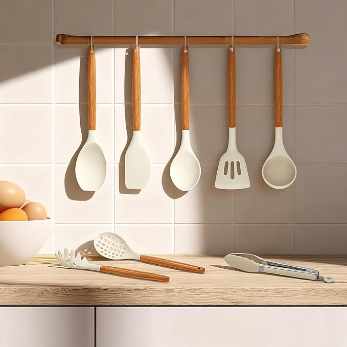 Kitchen Utensils Set - 12 Pcs Silicone Cooking Utensils Set with Wooden Handle - Heat Resistant Non-Stick BPA Free Spatula Set,Turner, Spoon, Brush, Silicone Kitchen Gadgets Utensil Set - Image 6
