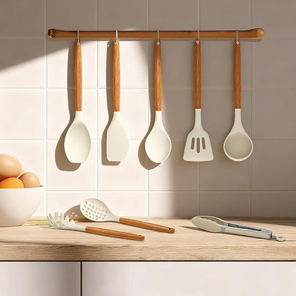 Kitchen Utensils Set - 12 Pcs Silicone Cooking Utensils Set with Wooden Handle - Heat Resistant Non-Stick BPA Free Spatula Set,Turner, Spoon, Brush, Silicone Kitchen Gadgets Utensil Set - Image 6