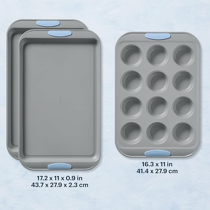 Pyrex 3-Piece Metal Cookie & Muffin Sheet Bakeware Set, Lightweight Stainless Steel Baking Trays with Heatsafe Silicone Handles, Cookie Muffin Sheet Baking Pan, Cerulean