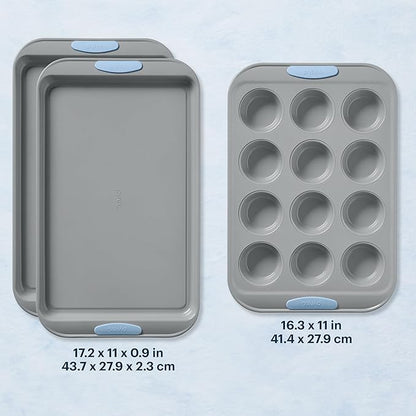 Pyrex 3-Piece Metal Cookie & Muffin Sheet Bakeware Set, Lightweight Stainless Steel Baking Trays with Heatsafe Silicone Handles, Cookie Muffin Sheet Baking Pan, Cerulean