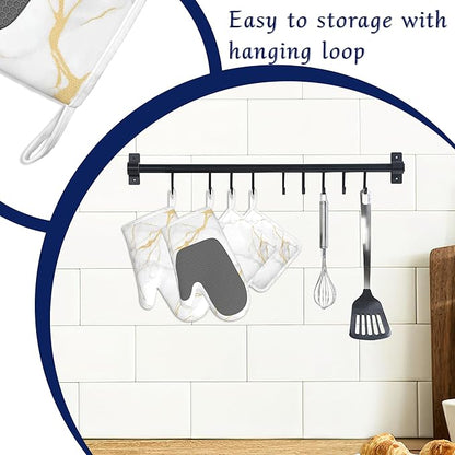 White Gold Marble Pot Holders and Oven Mitts Set Silicone Abstract Marble Kitchen Gloves Potholders Heat Resistant Washable,Chef Cooking Baking Gifts for Women Men Bakers Lover Cooks