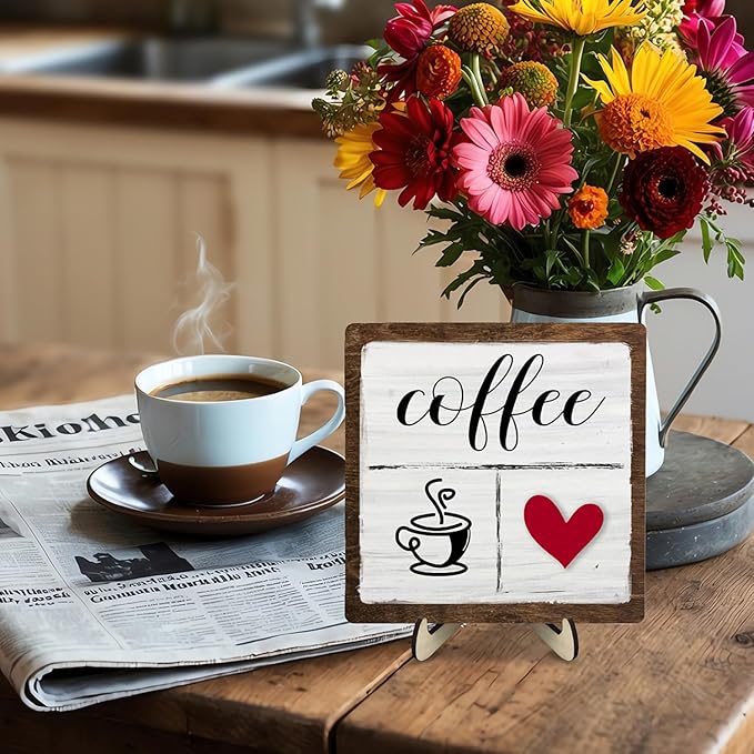 Vintage Coffee Bar Decor Sign,Rustic Wooden Plaque for Java Station, Kitchen,Cafe or Tea Corner, Funny Jave Gift for Coffee Lovers,Cute Heart Design Cafe Decor 5.9x5.9inch - Image 6