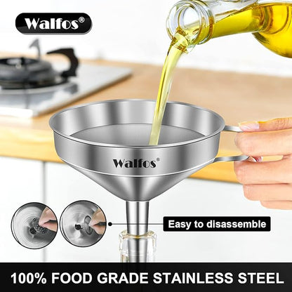 Stainless Steel Funnel, Walfos Kitchen Funnel with 2 Removable Strainer ＆ 1Pc Cleaning Brush, Perfect for Transferring of Liquid, Oils, Jam, Dry Ingredients & Powder (Big, 4.9") - Image 2