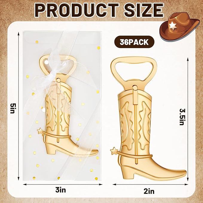 Hortsun 36 Sets Cowboy Boot Bottle Openers Baby Shower Bottle Opener Favors for Guest Party Bottles Opener Gifts Bulk for Baby Shower Wedding Birthday Party Favor Decoration Supplies(Gold)