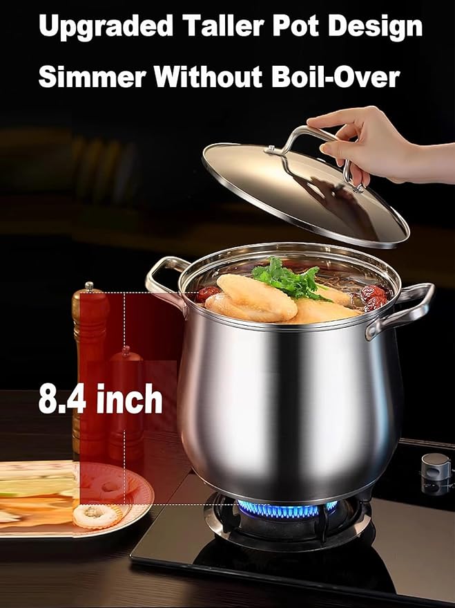 Stainless Steel Stock Pot, 8 Quart Heavy Duty Induction-Compatible with Visible Lid for Soups, Pasta, Stews, Canning, Boiling