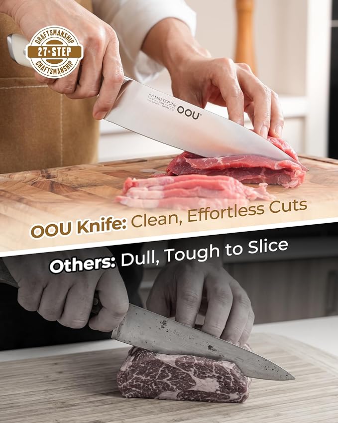 OOU 2026 Master Line 15-Piece German High Carbon Steel Knife Set - Professional Sharp Chef Knife with FSC Wooden Block - Ergonomic Handle Kitchen Knife Set with Steak Knives & Sharpener-Walnut