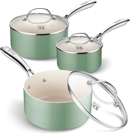 KOCH SYSTEME CS Nonstick Sauce Pan with Lid 1QT, 2QT & 3QT, Ceramic Saucepan Set 6Pcs, Non-Toxic Saucepan Set, Cooking Pots Set, Oven Safe & Induction Compatible, Green by KOCHSYSTEMECS