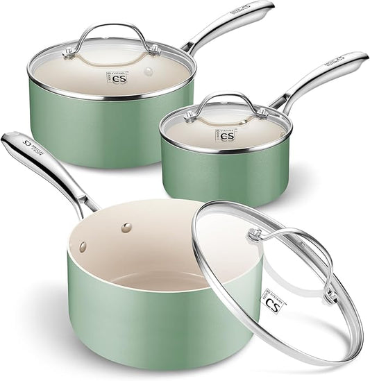 KOCH SYSTEME CS Nonstick Sauce Pan with Lid 1QT, 2QT & 3QT, Ceramic Saucepan Set 6Pcs, Non-Toxic Saucepan Set, Cooking Pots Set, Oven Safe & Induction Compatible, Green by KOCHSYSTEMECS