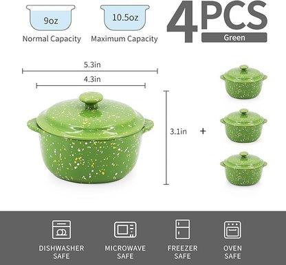 Oven-Safe 4-Pack Mini Ceramic Casserole Dishes (10 Oz Each) - With Lids & Handles - Ideal for Souffle, Soup, Cobbler, Stoneware Baking Ramekins for Individual Servings,Green
