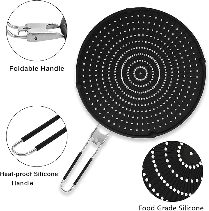 Frcctre 2 Pack Silicone Splatter Screen for Frying Pan, 13" Versatile Grease Splatter Guard with Foldable Handle, Food Grade Heat Resistant Oil Splash Guard, Cooling Mat, Drain Board for Cooking - Image 3
