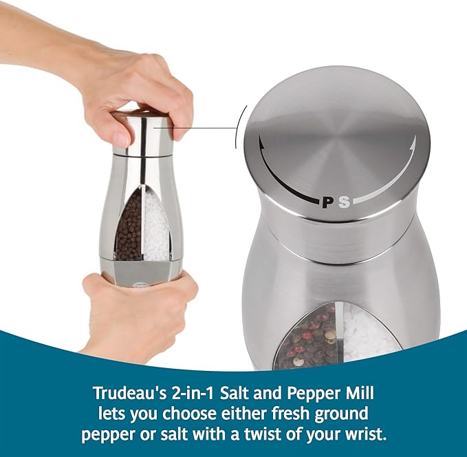 Trudeau Stainless Steel Manual 2-in-1 Salt and Pepper Mill - 7.5-Inch Space-Saving Grinder with Durable Carbon Steel Pepper Grinder and Rust-Proof Ceramic Salt Grinder - Adjustable Grind Settings