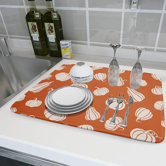 Fall Dish Drying Mat for Kitchen Counter Autumn White Pumpkins Festival Microfiber Absorbent Dish Draining Reusable Washable Foldable Extra Large 18"x24" - Image 6