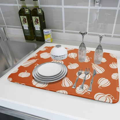 Fall Dish Drying Mat for Kitchen Counter Autumn White Pumpkins Festival Microfiber Absorbent Dish Draining Reusable Washable Foldable Extra Large 18"x24" - Image 6