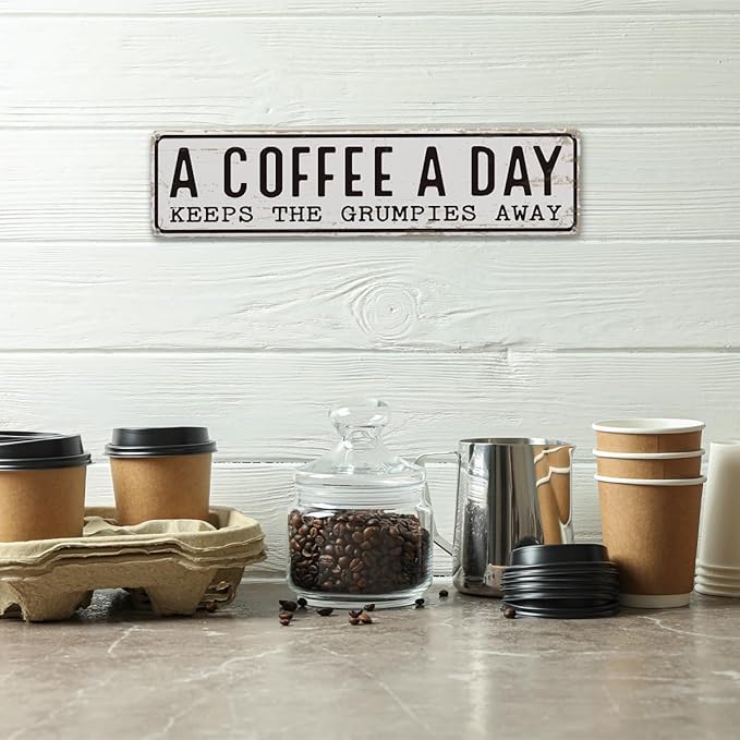 Coffee Signs Decor, A Coffee A Day Keeps the Grum Pies Away Sign, Farmhouse Wall Decor for Home, Vintage Bar or Dorm, Retro Metal Tin Sign, Decorative Metal Wall Signs 15.8x4 Inches - Image 4