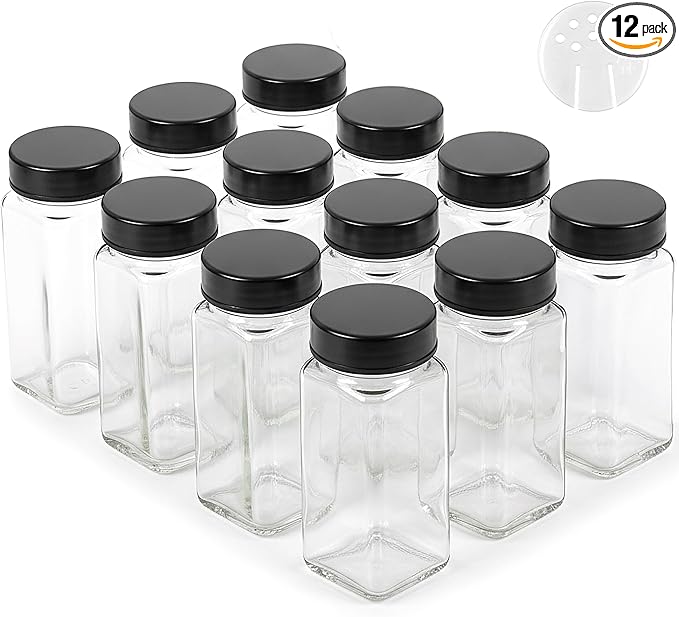 EDELHAUS Glass Spice Jars and Black Stainless Steel Lids (12 x 4oz) Spice Containers with Shaker Inserts - Add-On Pack Without Labels or Accessories by EDELHAUS