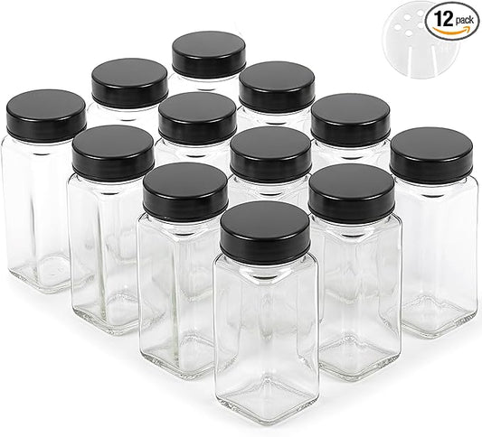 EDELHAUS Glass Spice Jars and Black Stainless Steel Lids (12 x 4oz) Spice Containers with Shaker Inserts - Add-On Pack Without Labels or Accessories by EDELHAUS