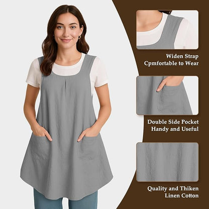 Apron for Women with Pocket Cotton Linen, Japanese Cross Back Apron for Gardening Painting