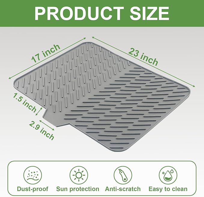Silicone Drying Mat, 23"X17" With Built-in Drain Lip,Heat-Resistant,Eco-friendly,Hygienic Drying Pad,Leak-Proof and Non-Slip,Silicone Dish Drying Mat for Kitchen Counter or Sink（Gray 23X17） - Image 3