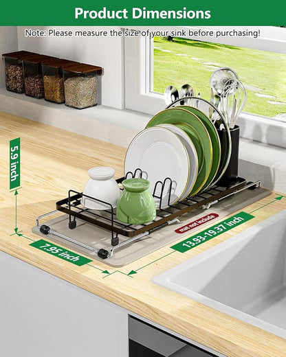 Small Dish Drying Rack, Expandable Sink Dish Rack Over Sinks, Dish Drainer for Kitchen Counter with Cutlery Holder, Space-Saving for Small Kitchens, Black