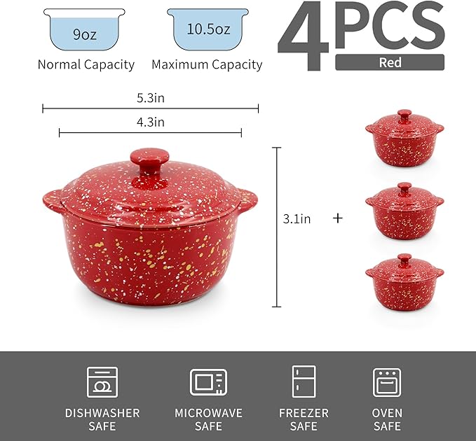 4-Pack 10 Oz Ceramic Mini Cocotte Set with Lids & Handles, Oven-Safe Stoneware Ramekins for Soufflé, Soup, Cobbler, Individual Baking & Serving,Red