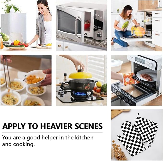 Black White Checkered Oven Mitts and Pot Holders Sets of 4, Heat Resistant Silicone Oven Mittens and Potholders Gloves Hot Pads for Kitchen Cooking Baking Grilling BBQ Chef - Image 8