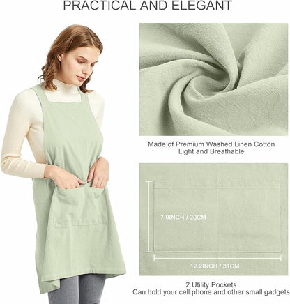 ELEZAY Aprons for Women with Pockets Plus Size Comfort Cross Back No Tie Cotton Linen Apron Pinafore