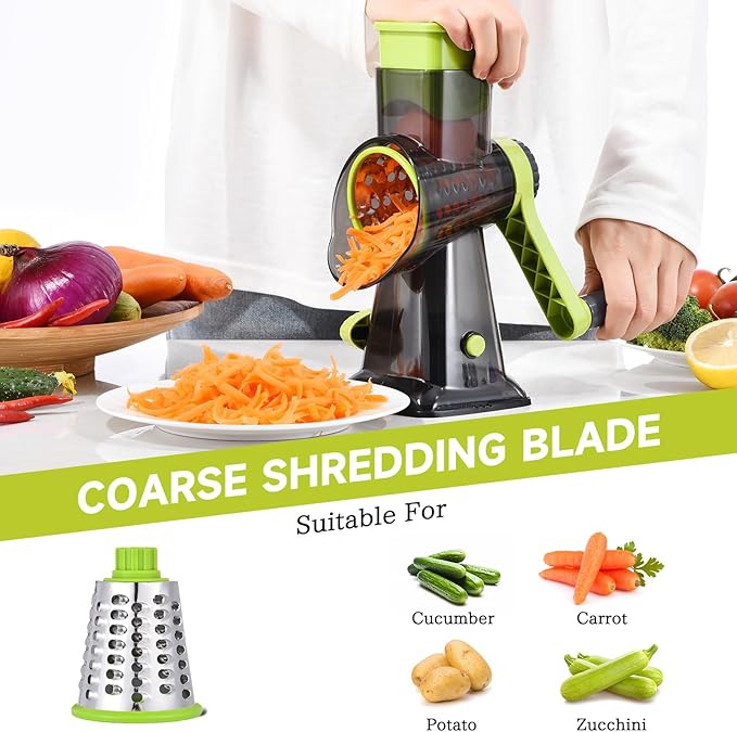 Rotary Cheese Grater with Handle Kitchen Shredder Slicer Grater Slicer Ice Shaver Cheese Vegetable Nuts Potato Zucchini Chocolate 3 Interchangeable Blades (Green TSP) - Image 4